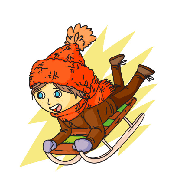 冬季滑雪，有趣的平面矢量插图。小女孩在温暖的衣服卡通人物。快乐的孩子下山了。季节性户外活动，童年消遣。活跃的娱乐。图片下载