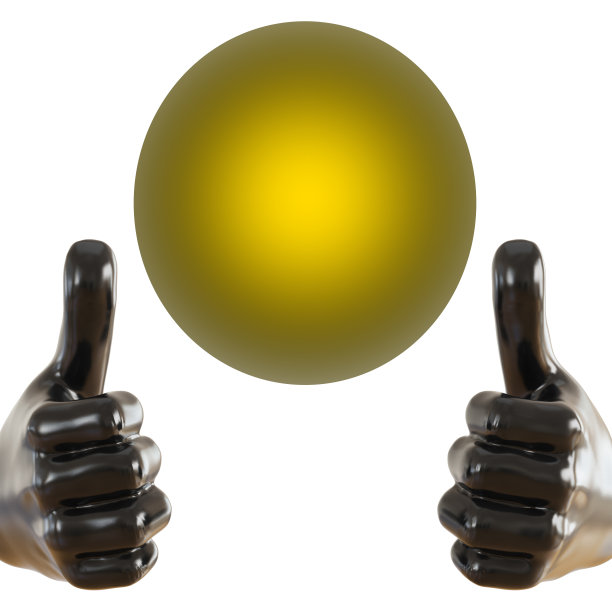 黑色小雕像的手与突出的拇指向上和发光的黄色球在一个孤立的背景。三维渲染图片下载