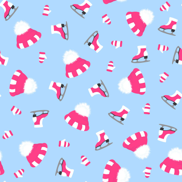 孩子们的帽子上有毛茸茸的绒球和手套。溜冰鞋。针织无檐小便帽。冬季户外活动的服装。图片下载