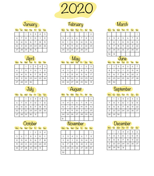 2020年的日历设计采用浅黄色简约风格。矢量插图打印模板孤立在白色。一周从周一开始图片下载