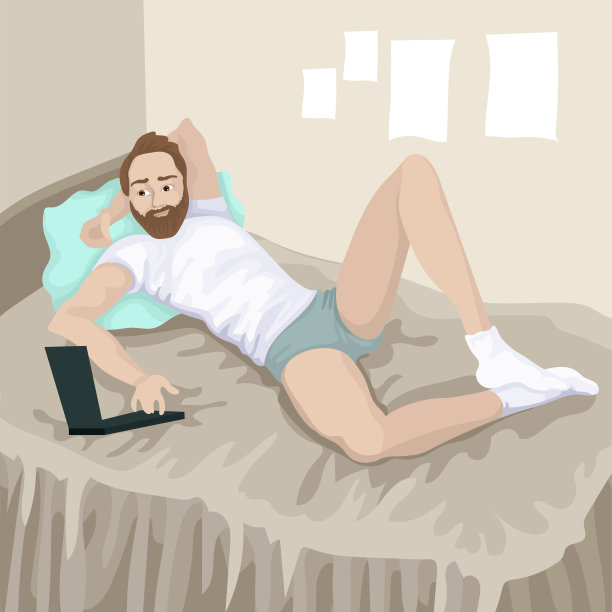 拿着笔记本电脑的人躺在床上。矢量彩色插图的角色图片下载