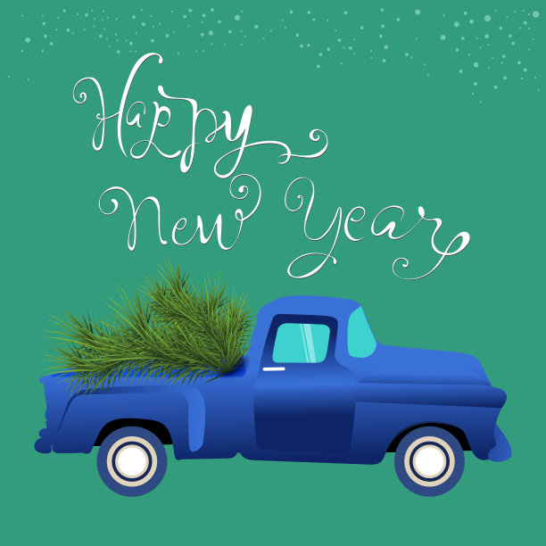 圣诞快乐，新年快乐向量-树和蓝色汽车图片下载