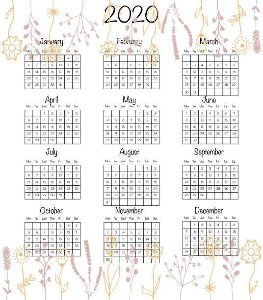 2020年日历设计以简约的手绘花卉风格。矢量插图打印模板孤立在白色。一周从周一开始图片下载