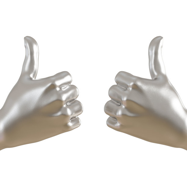 金属雕像的手与一个突出的拇指向上在一个孤立的背景。三维渲染图片下载