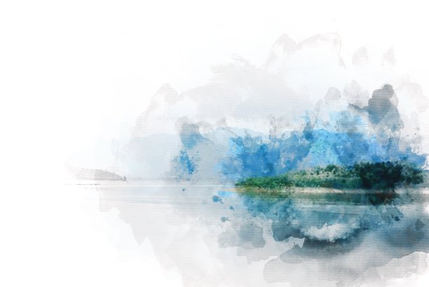 在水彩插画背景上以山峰和树木景观为抽象的色彩形态。图片下载