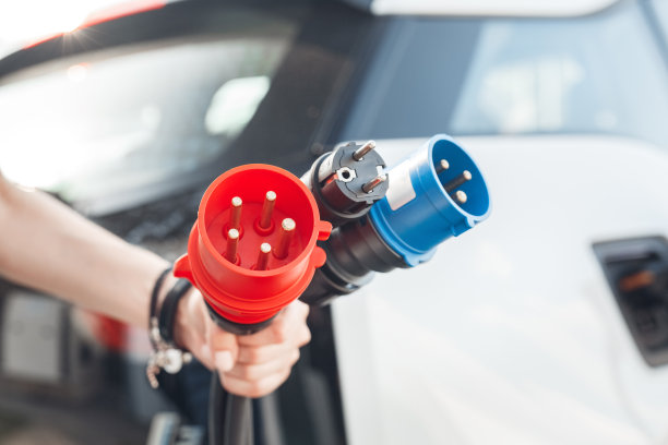 年轻的成年男子拿着不同的电缆供电动汽车充电图片下载