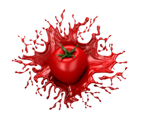 美丽的红色背景与孤立的番茄和溅汁，番茄酱，番茄酱，酱。3d渲染，3d渲染。图片下载