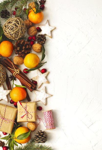 圣诞背景与节日装饰和礼物，俯视图，框架图片下载