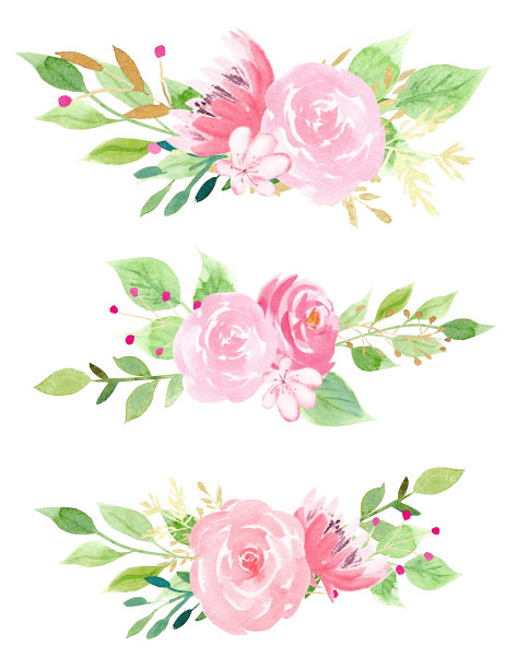 水彩粉色花朵与叶子插画素材图片