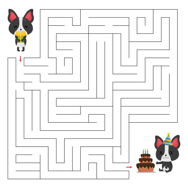 儿童迷宫游戏。帮助法国斗牛犬找到正确的路去他朋友的生日聚会。图片下载