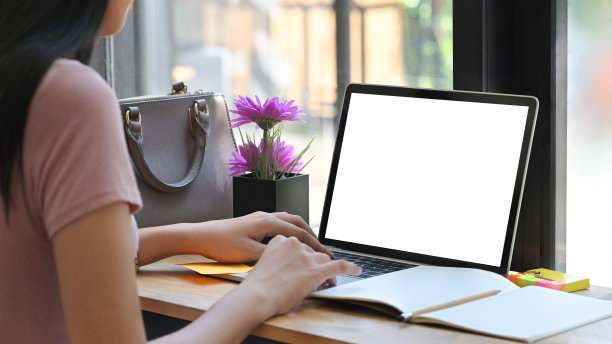 特写年轻女子工作与笔记本电脑，空屏幕显示。图片下载