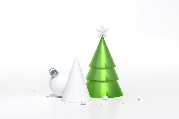 抽象的绿色几何形状圣诞树与白色的星星，锥形和圣诞球在白色的背景图片下载