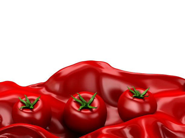 美丽的红色背景与孤立的番茄和溅汁，番茄酱，番茄酱，酱。3d渲染，3d渲染。图片下载