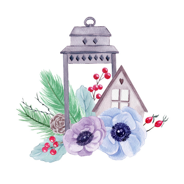 水彩圣诞插画与冷杉树枝，节日花和装饰品。圣诞贺卡。冬天的设计。圣诞快乐。新年快乐。图片下载