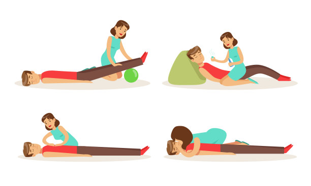 一名身穿绿色连衣裙的女子为一名男子提供急救。矢量图图片下载