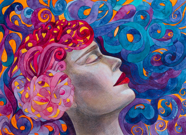 水彩画一个美丽的梦想中的女人图片下载