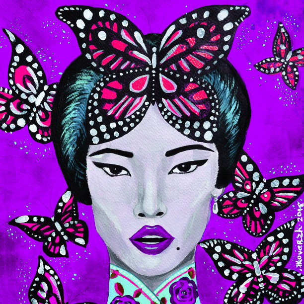 画着美丽的亚洲女人和蝴蝶图片下载