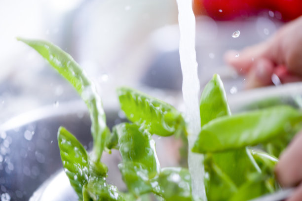 女人在水槽的滤锅里洗亮绿色的豌豆。图片下载