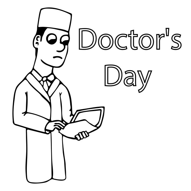 白色年轻的卡通医生拿着一个文件夹的病例历史为医生日。孤立轮廓矢量图图片下载