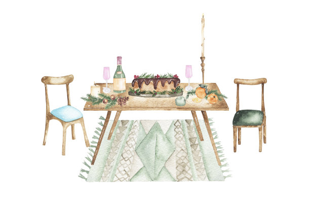 水彩圣诞组合与圣诞餐桌与蛋糕橙子图片下载