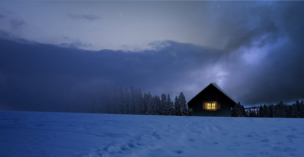 冬天的圣诞景观与雪冷杉树和舒适的小屋图片下载