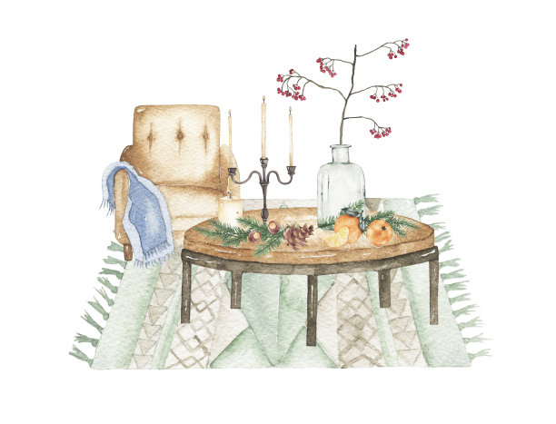 水彩圣诞组合与椅子与格子桌子花瓶蜡烛地毯图片下载