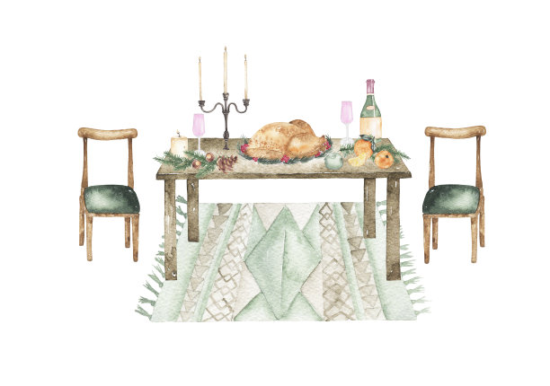 圣诞餐桌上的火鸡橙子水彩画图片下载