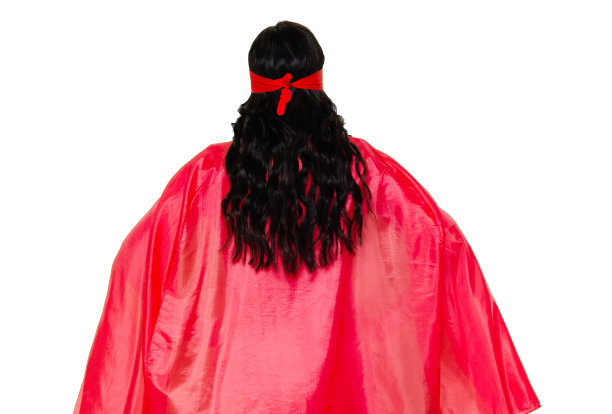 后视图/后/一人/腰部以上/成年美丽的黑发/长发白人女性/年轻女性女超人/超级英雄/女英雄/英雄穿着衣服/眼罩/面具-伪装/服装/斗篷-服装图片下载