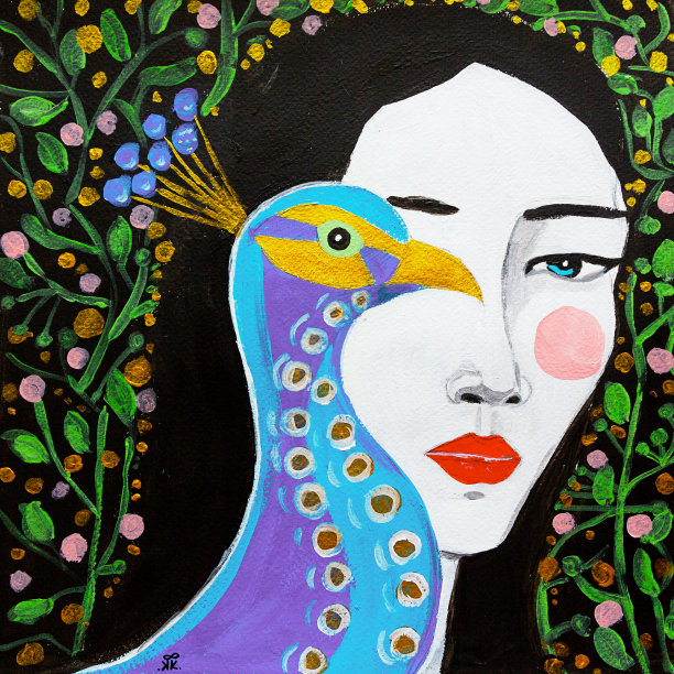 一幅亚洲女人和一只孔雀的画图片下载