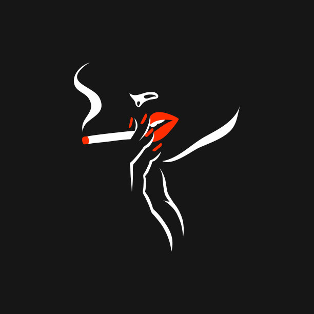 吸烟的女孩。矢量插图的一个年轻女子剪影，复古的封面设计。一个人抽着烟。风格红唇和指甲，黑色，红色和白色绘图。图片下载