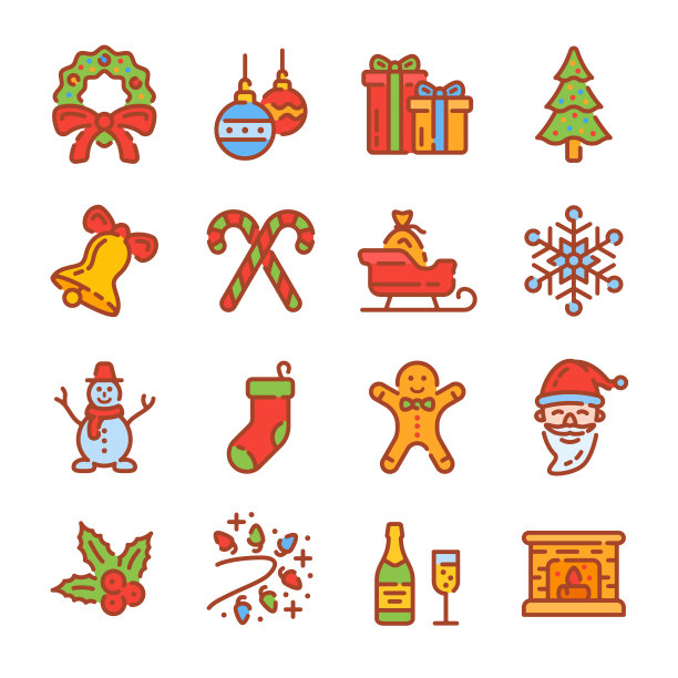 一套圣诞节和新年颜色轮廓图标。矢量插图。图片下载