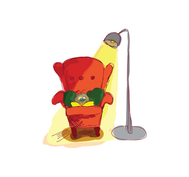 猫头鹰坐在红色、橙色的扶手椅上看书。图片下载