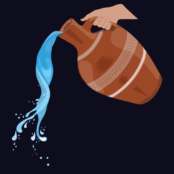 有柄彩陶壶，溅水，倒水。黑暗的背景,向量图片下载