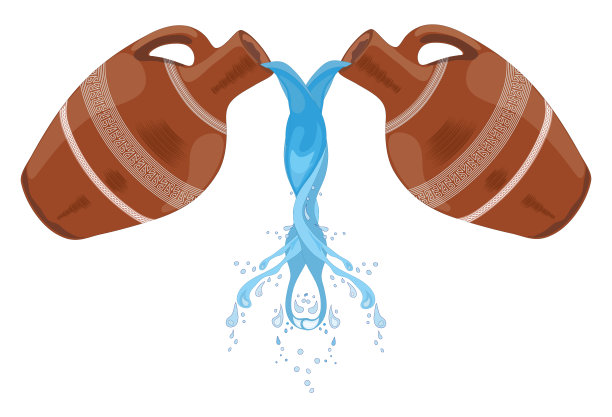 有柄彩陶壶，溅水，倒水。向量图片下载