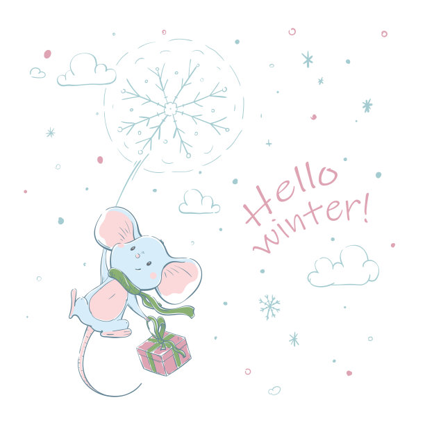 可爱可爱欢快的老鼠戴着滑稽的围巾，用雪花和礼物飞来飞去。图片下载