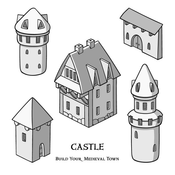 中世纪古建筑集不同类型的传统房屋孤立矢量插图图片下载