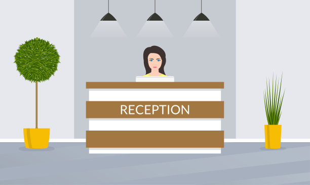 前台有女接待员。办公室、酒店大堂室内设计。矢量插图。图片下载