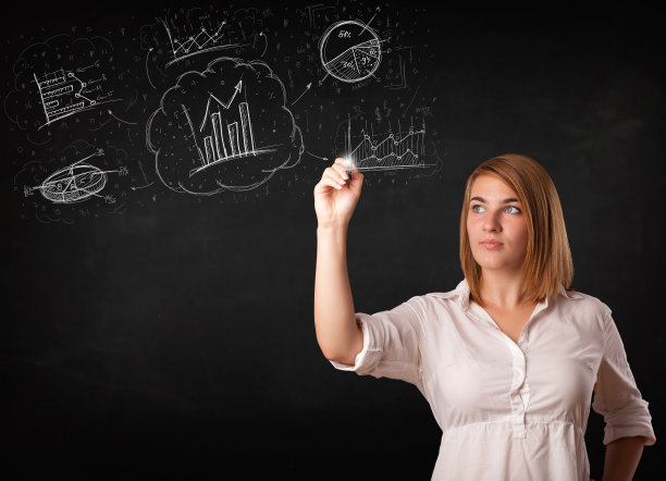 年轻女士正在画财务图表图标和符号图片下载