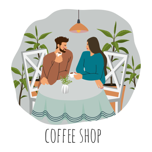 咖啡店游客。平面矢量插图的一对年轻夫妇，坐在桌子与咖啡，灯上面被植物包围图片下载