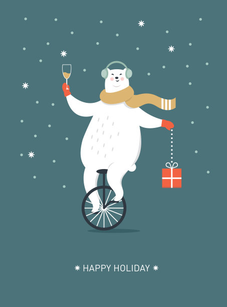 北极熊骑单车。圣诞和新年贺卡的设计。图片下载