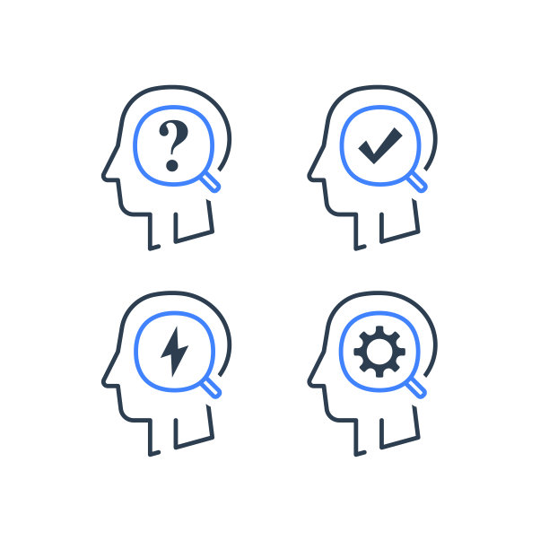 人头侧面轮廓和放大镜线性图标集，决策或行为，智力训练，教育概念图片下载