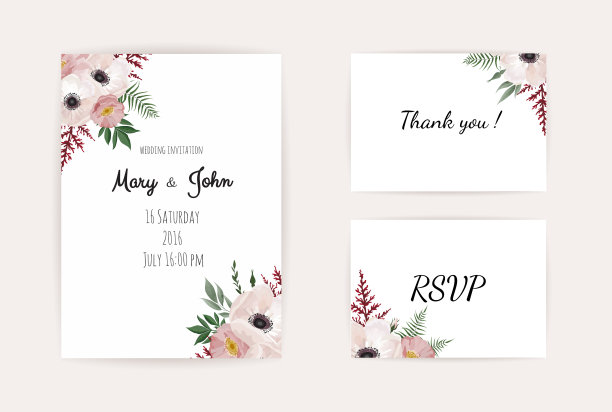 植物婚礼邀请卡模板设计，白色和粉红色的花在白色的背景。图片下载