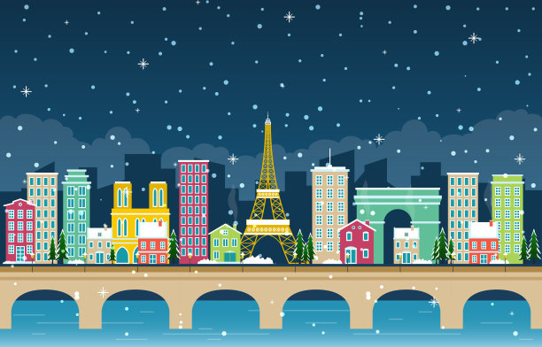 冬季雪在巴黎城市景观天际线地标建筑插图图片下载