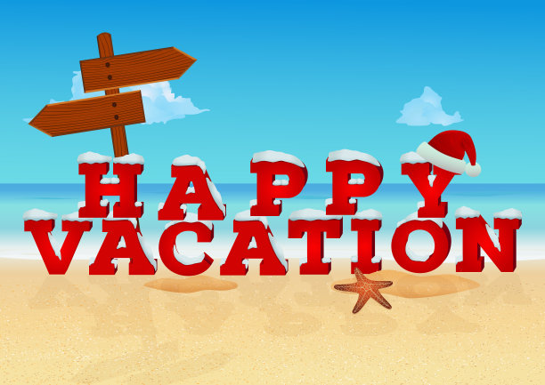 快乐假期题词在3d风格与圣诞老人的帽子在海滩的背景。冬季和圣诞节假期旅游概念图片下载