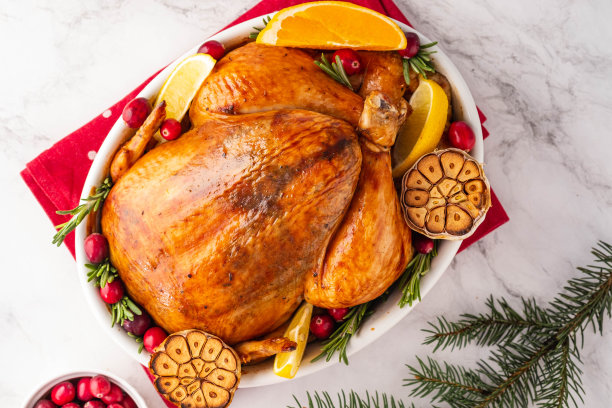 浅色背景下白色陶瓷器皿中的圣诞鸡图片下载