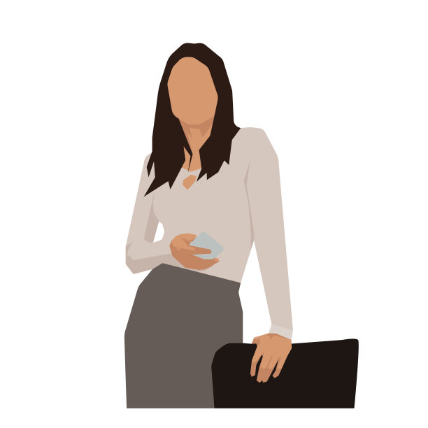 商务女性站着，拿着手机，靠在椅子上，平面设计矢量插图图片下载