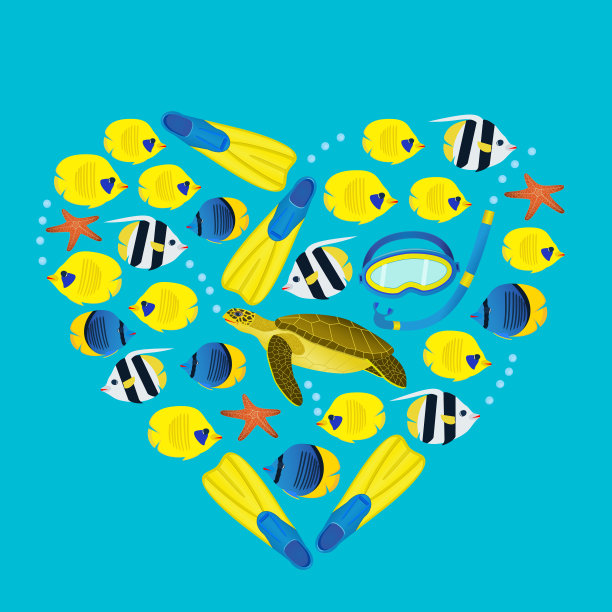 蓝色背景上的水下图案。珊瑚礁里五颜六色的鱼和潜水设备。心组成。图片下载