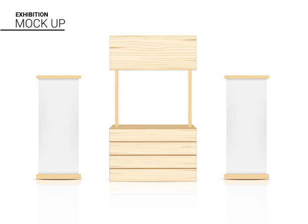 摊位模拟木铺位、室内亭、以白底插图矢量的帆布横幅作促销推广展览的店铺展示。业务对象概念设计。图片下载