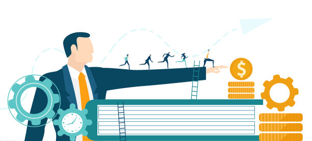 商人展示目标和发展业务的方式。小人奔向成功，涨工资。业务概念说明素材图片