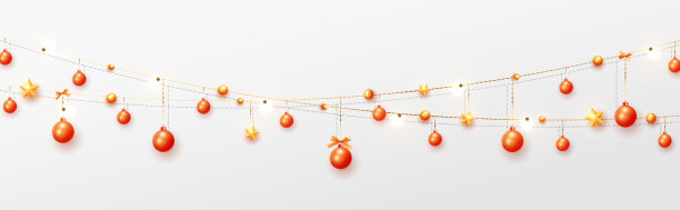 圣诞装饰品串孤立。背景金花环与球和星星现实设置。图片下载